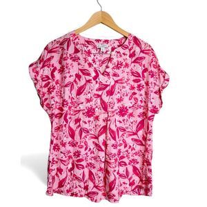 Kim‎ Rogers Shirt Size Large Womens Pink Floral V Neck Short Sleeve Blouse Rayon